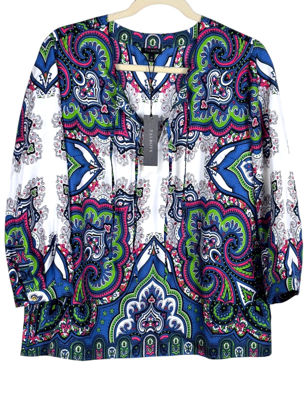 Talbots 100% Silk Paisley Tie Blouse Relaxed Fit 3/4 Sleeve Size 12 NWT